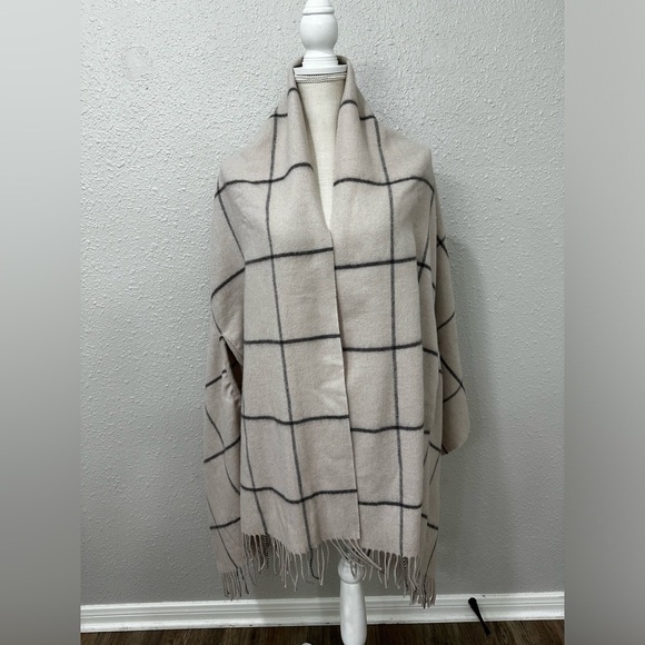 Madewell Accessories - Madewell Check Cape Scarf Fringed Long Wrap Shawl Cape Wrap Neutral NEW Wool